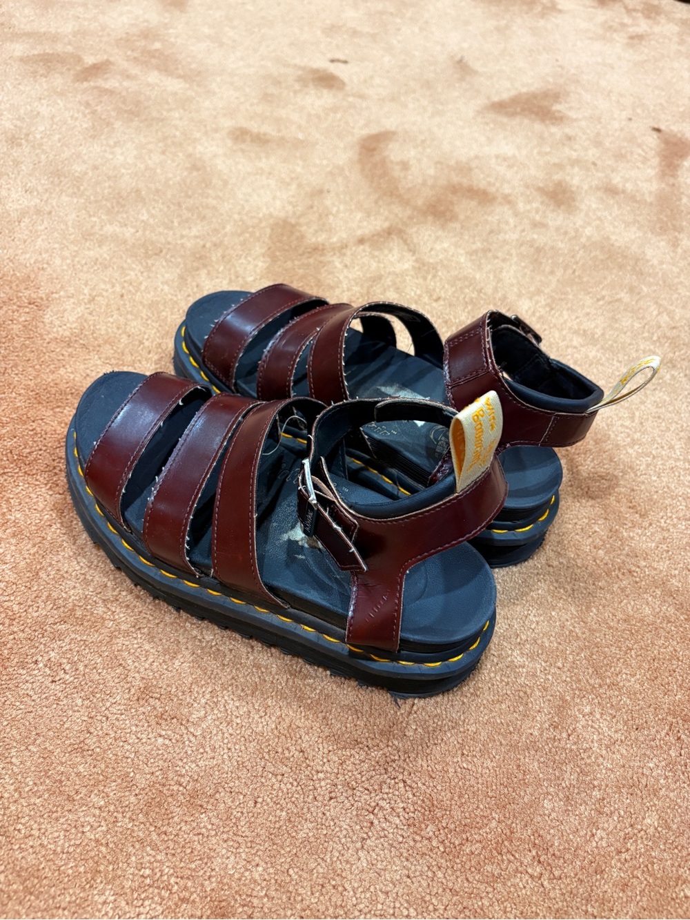 Dr. Martens Burgundy Sandals with Yellow Stitching